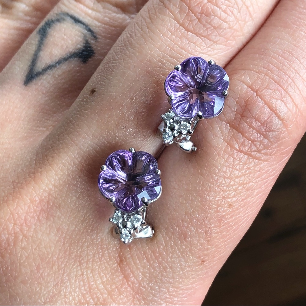 Genuine amethyst and 6 diamond white gold earrings